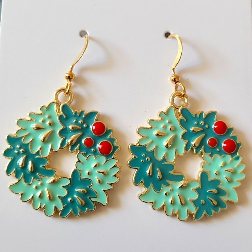 New Hand Crafted Green Christmas Wreath Cute Dangle Earrings 18k Gold Plated